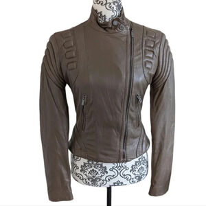 BCBGMaxazria Leather Jacket Tart Taupe Light Brown Moto Crop Women's Extra Small